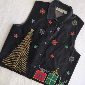 Dress Barn Woman Vintage Christmas Vest Granny 1X Black Velvet Tree Jingle Gifts